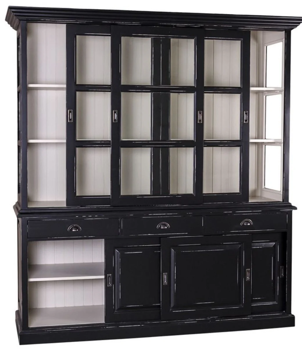 Casa Padrino Gabinete de Cocina Estilo Country Negro Antiguo / Blanco 206 x 53 x H. 219 cm - Gabinete de Cocina de 2 Piezas con 6 Puertas Corredizas y 3 Cajones