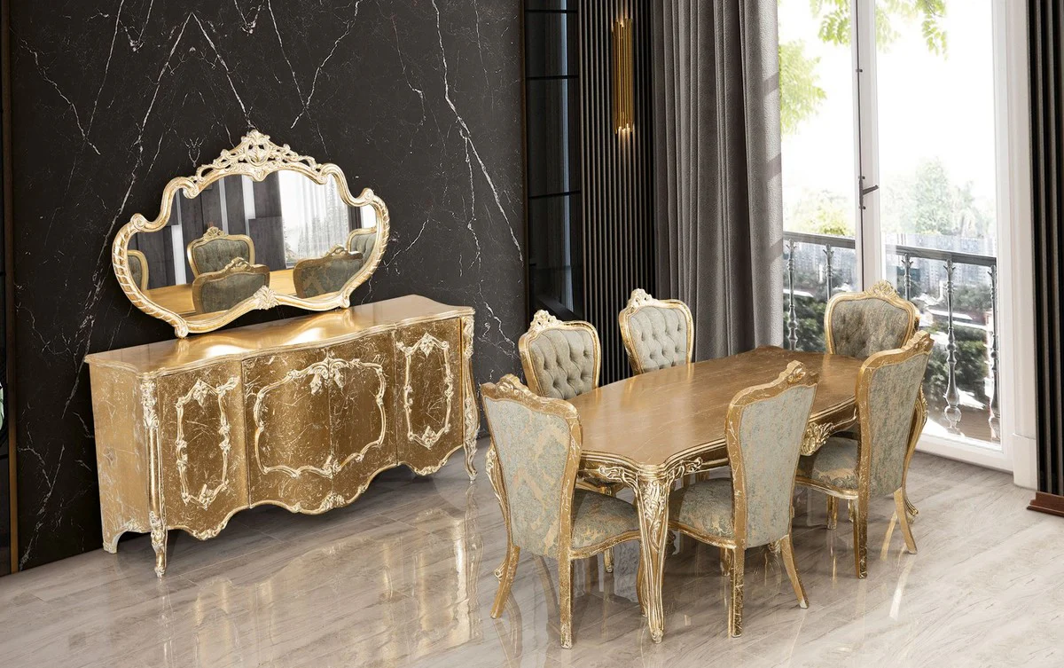 Casa Padrino conjunto de comedor barroco de lujo verde / oro antiguo - 1 Mesa de Comedor Barroco y 6 Sillas de Comedor Barrocos - Muebles de comedor de lujo estilo barroco