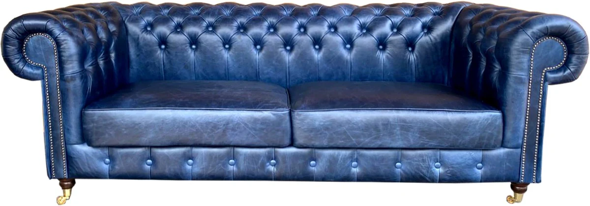 Sof¨¢ Chesterfield de cuero aut¨¦ntico de lujo 220 cm cuero vintage de Casa Padrino Galata Blue