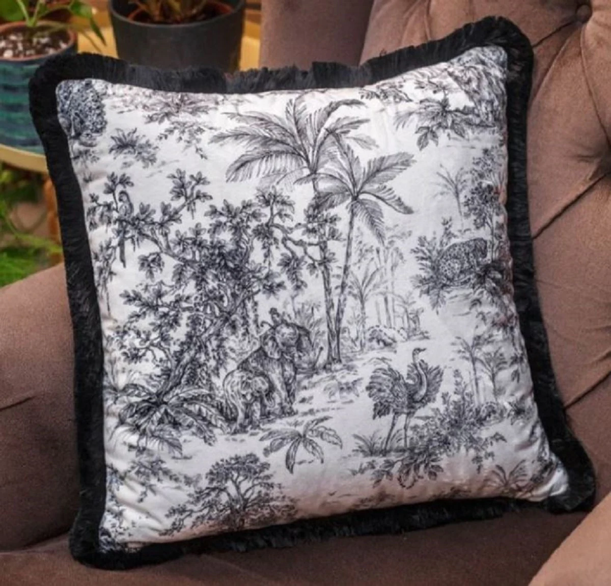 Casa Padrino almohada decorativa de lujo selva blanco / negro 45 x 45 cm - Almohada de terciopelo estampada con flecos - Calidad de lujo
