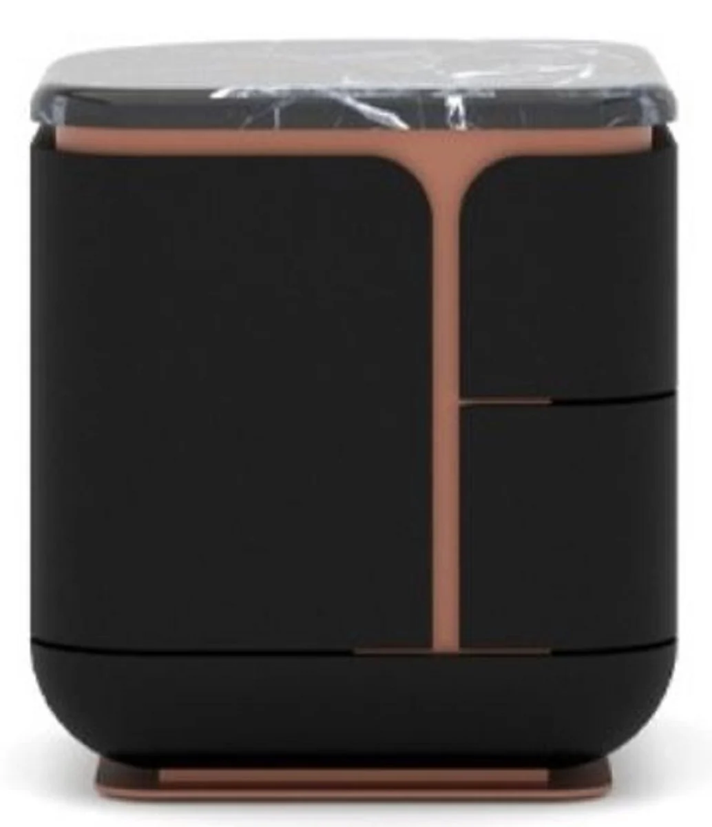 Casa Padrino mesita de noche de lujo negro / cobre 60 x 50 x A. 57 cm - Mesita de noche de madera maciza con 2 cajones y tapa de m¨¢rmol - Muebles de dormitorio - Muebles de hotel - Muebles de lujo