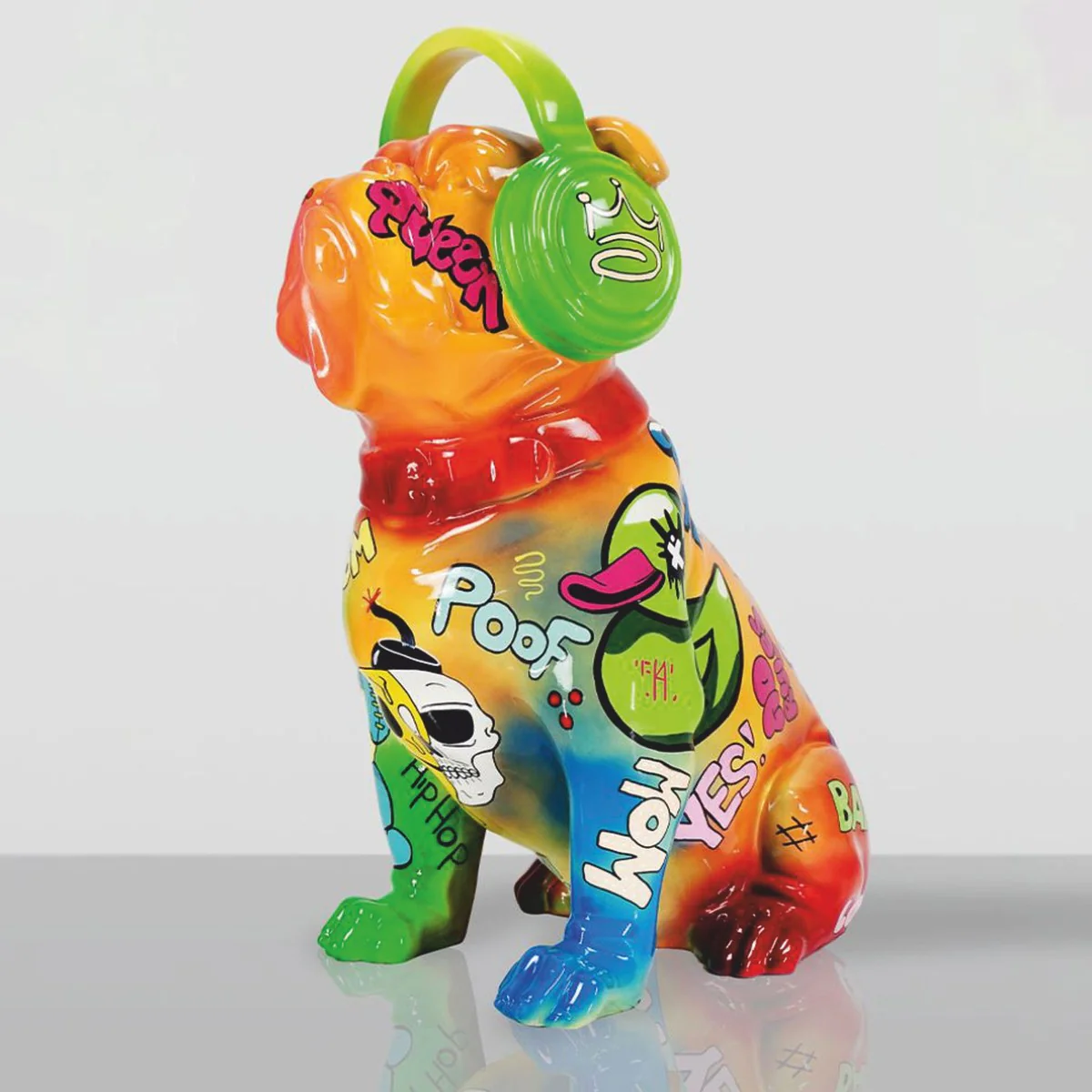 Casa Padrino escultura decorativa perro bulldog con auriculares colorido A. 120 cm