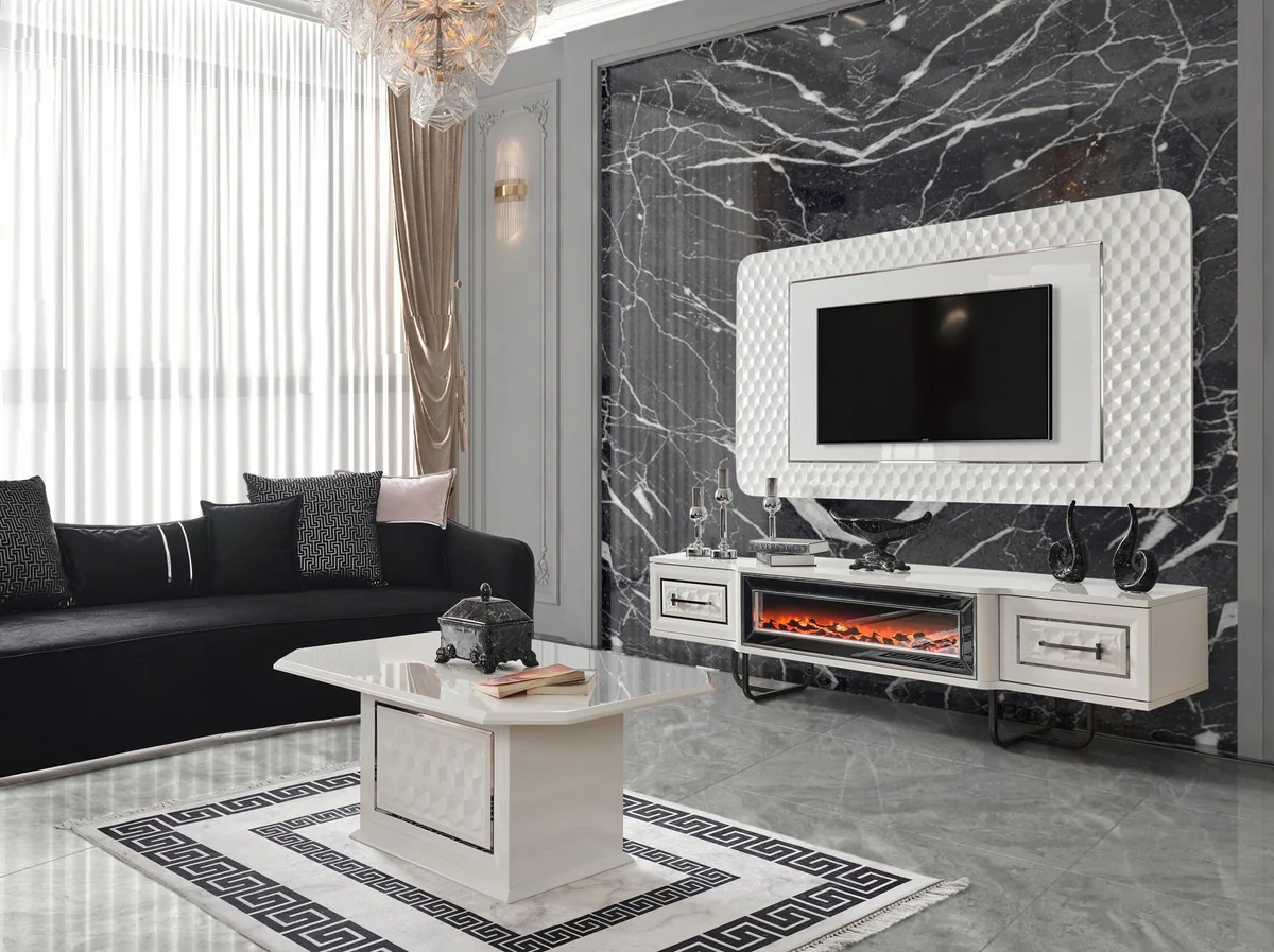 Casa Padrino conjunto de mueble de TV Art Deco de lujo blanco / bronce - Aparador de sala de estar con chimenea el¨¦ctrica LED y pared trasera de TV - Muebles Art Deco - Muebles de sala de lujo