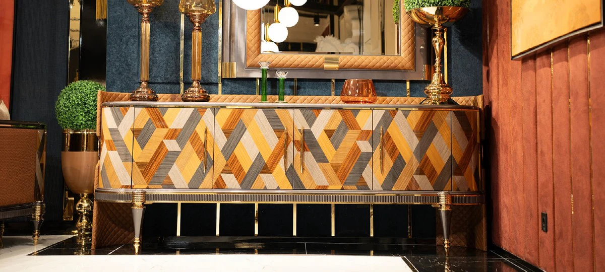 Casa Padrino conjunto de muebles Art Deco de lujo multicolor / marrón / gris / oro - 1 Aparador Art Deco de Lujo con 4 Puertas y 1 Espejo Art Deco de Lujo - Muebles Art Deco de Lujo