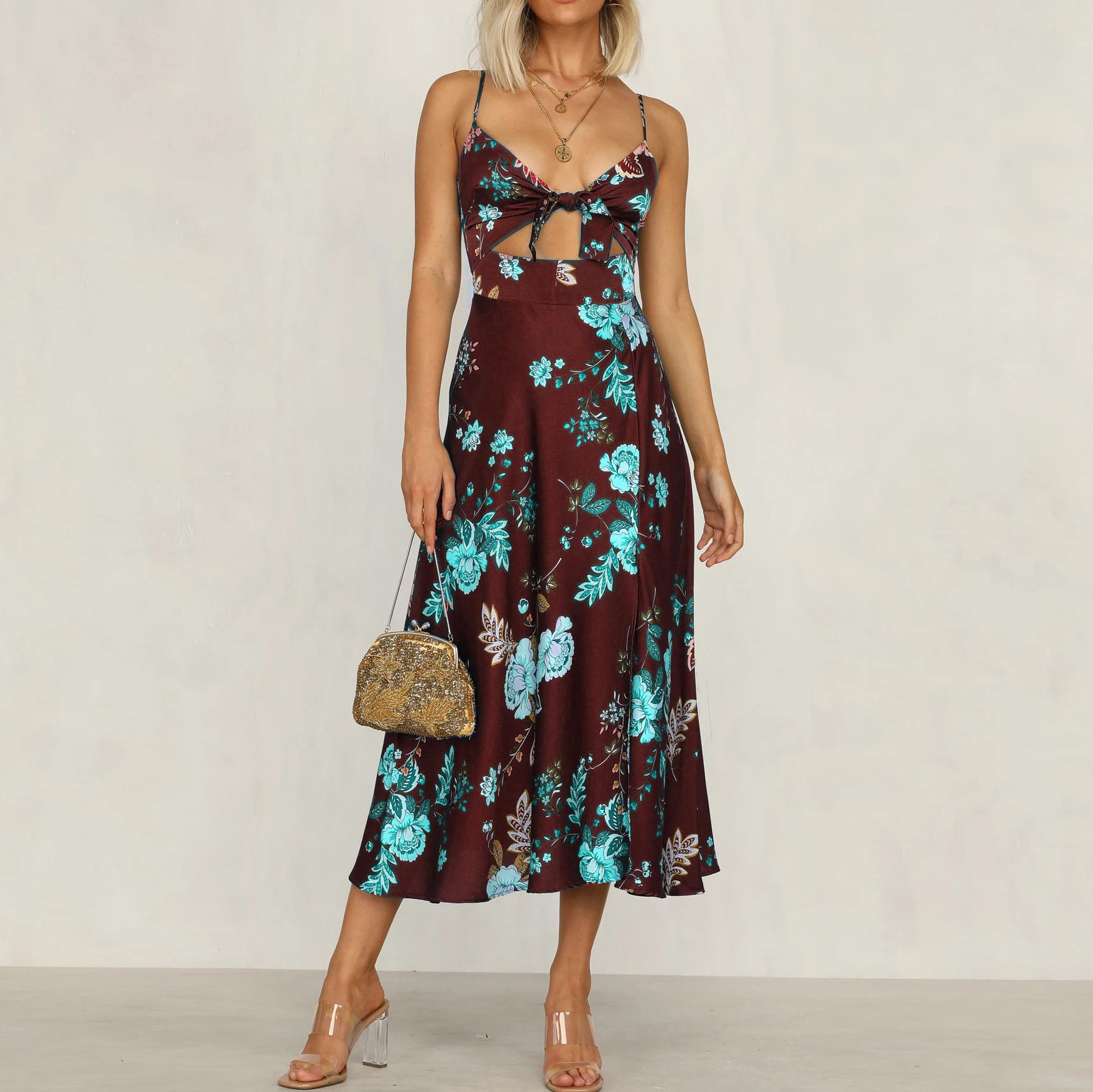 Fashion Temperament Printed Knotted Sling Dress