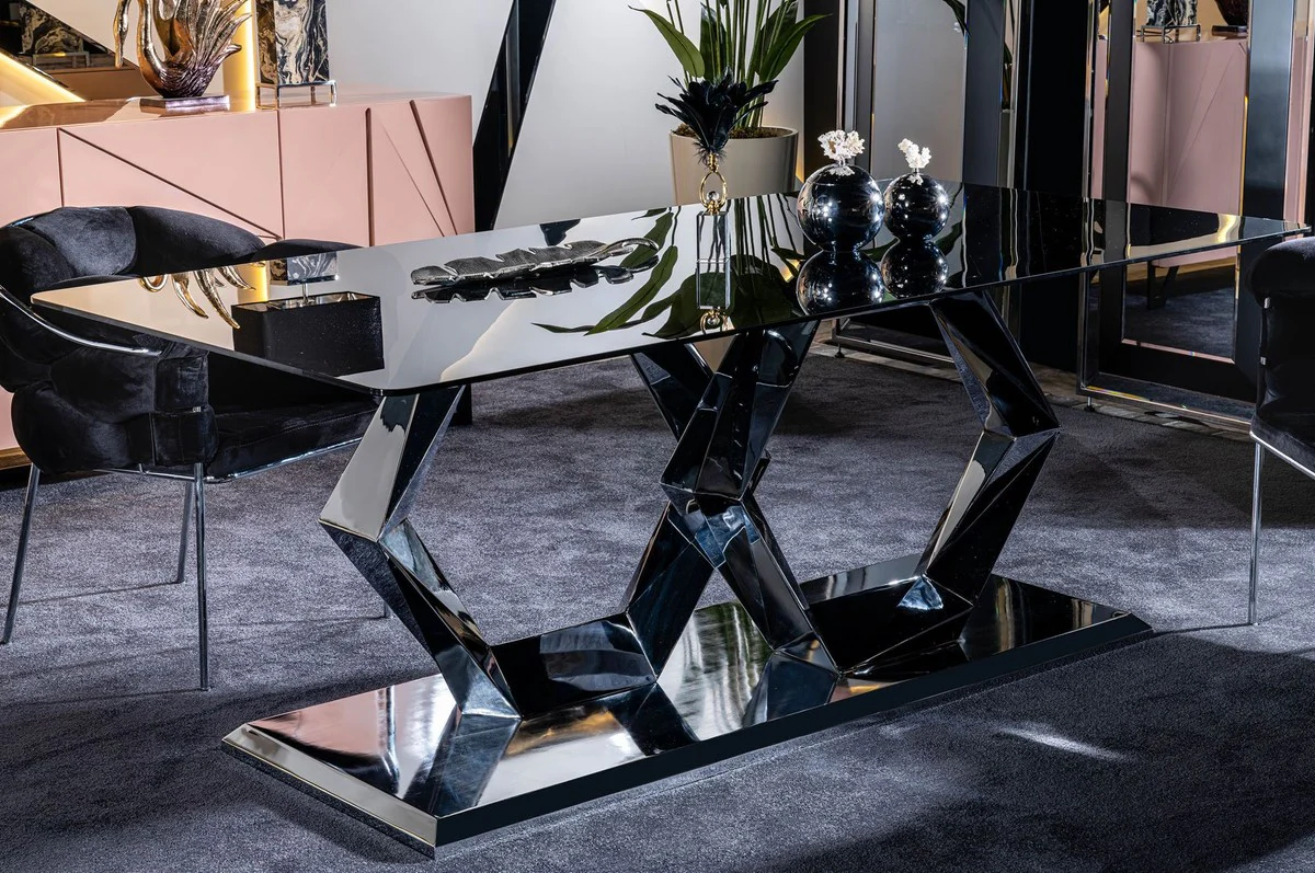 Casa Padrino Conjunto de Muebles de Comedor de Dise?o de Lujo Negro / Plata - 1 Mesa de Comedor de Vidrio de Lujo y 6 Sillas de Comedor de Lujo - Muebles de Comedor - Muebles de Lujo
