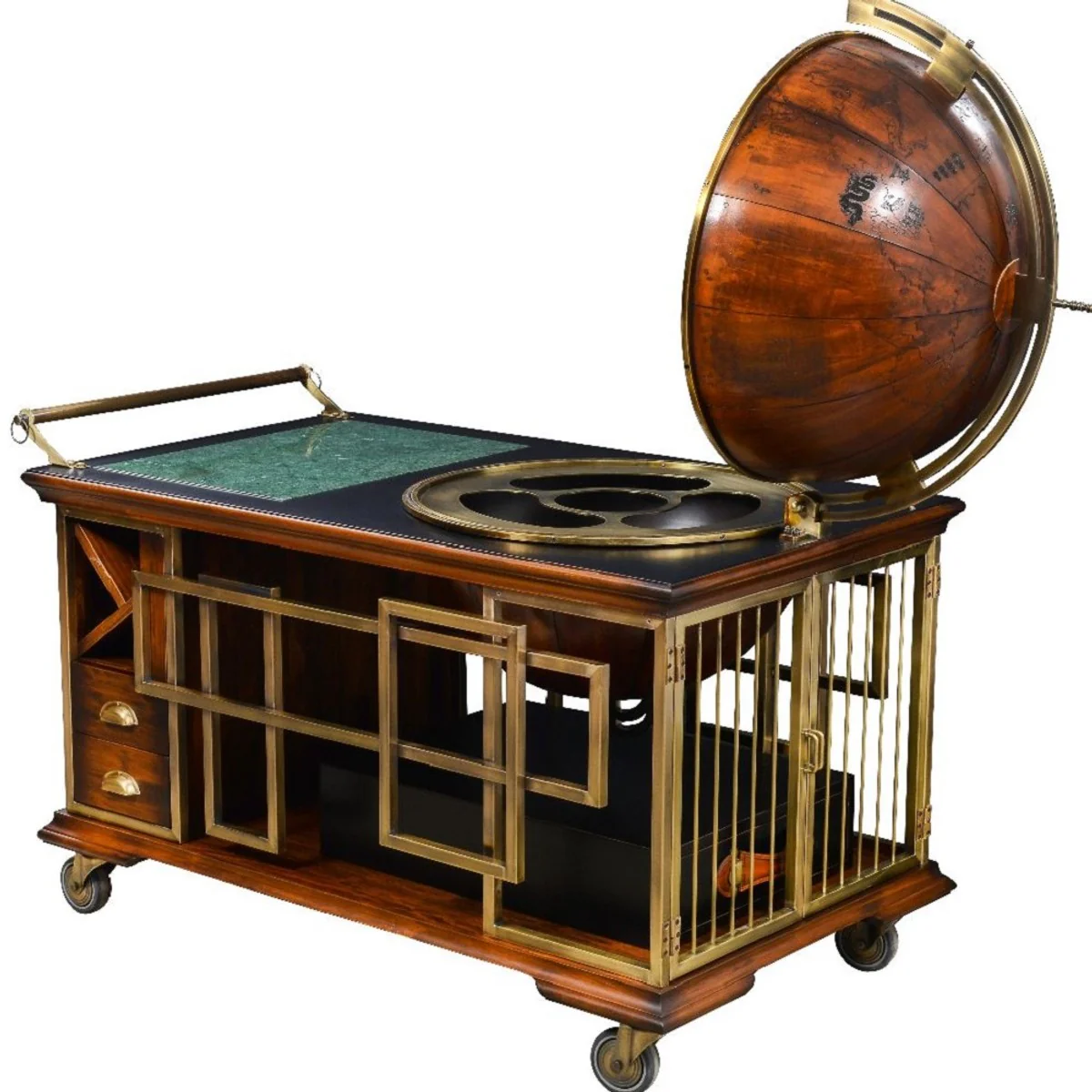 Casa Padrino Carrito de Servicio de Estilo Vintage de Lujo Marr¨®n / Negro / Lat¨®n / Verde 136 x 77 x A. 122 cm - Carrito con Soporte para Botellas de Vino Globo - Accesorios Estilo Vintage de Lujo