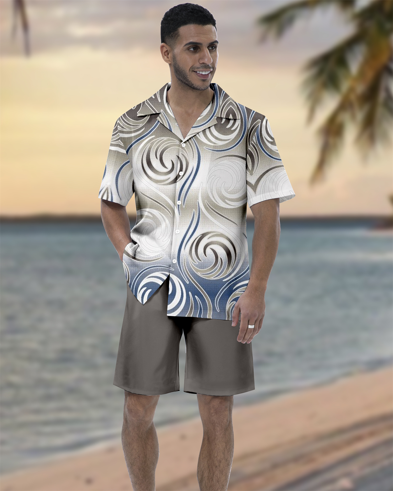 Suitmens Men's Abstract Art Contrast Geometric  Print Short Sleeve Set 133