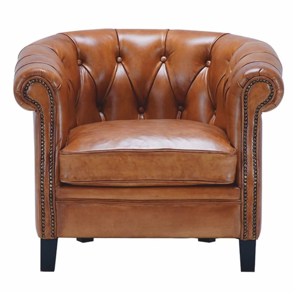 Casa Padrino sill¨®n Chesterfield de lujo de cuero genuino marr¨®n claro / negro - Muebles de cuero genuino