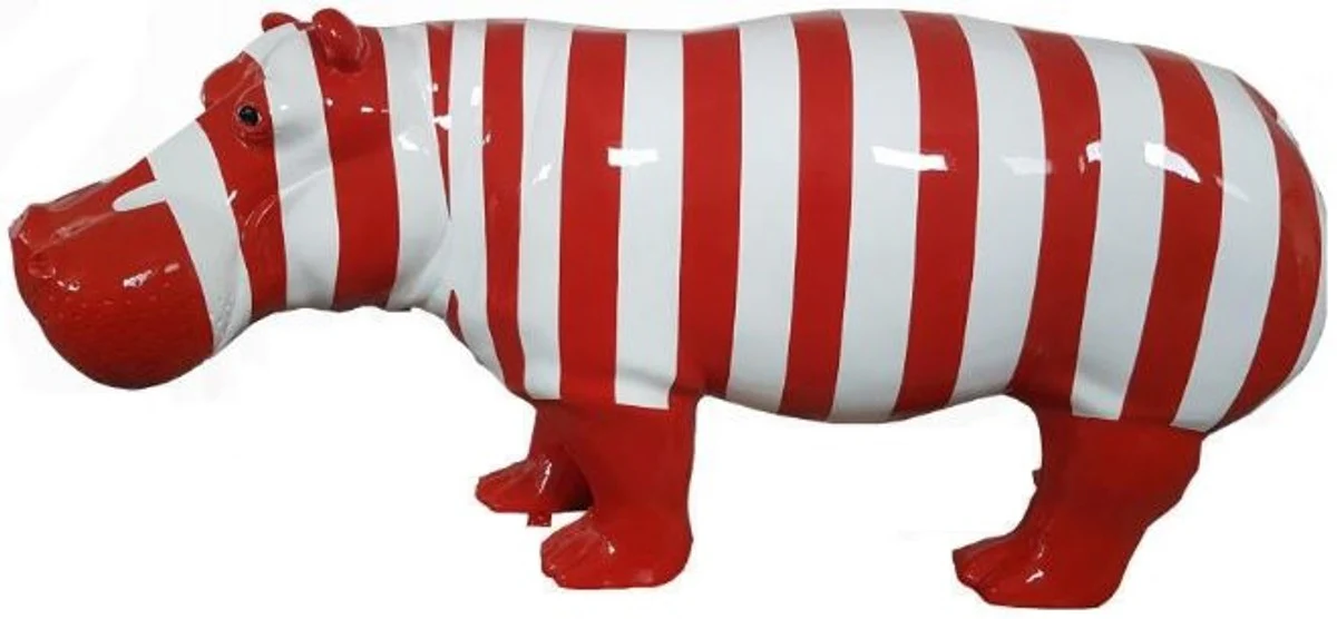 Casa Padrino figura decorativa de diseño hipopótamo con rayas rojo / blanco 180 x A. 79 cm - Escultura decorativa - Gran figura de jardín - Decoración de Jardín