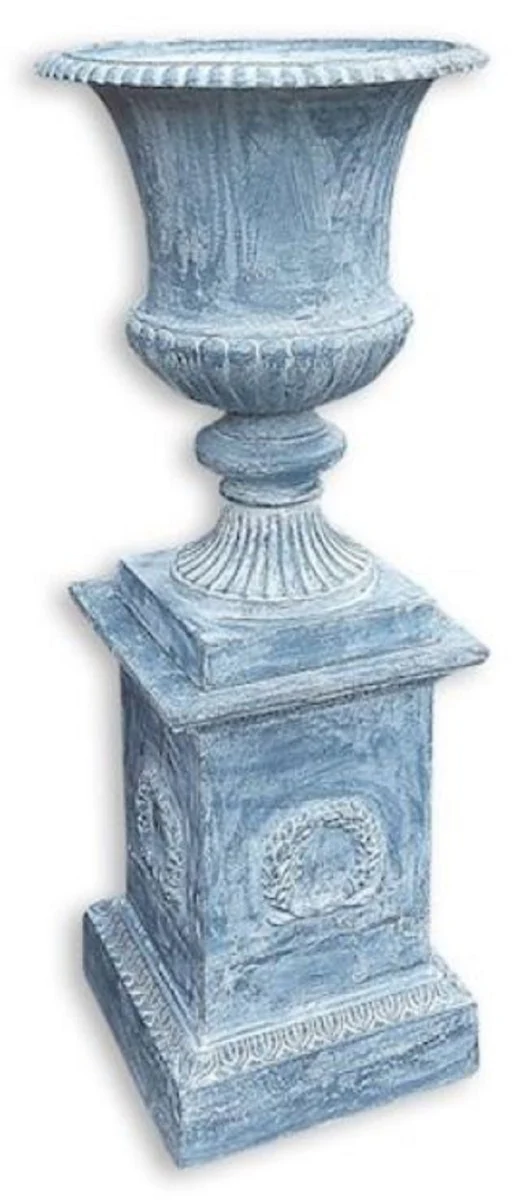 Casa Padrino jarrón barroco con columna azul A. 138 cm - Magnífico florero de hierro fundido con pedestal - Decoración de jardín y terraza barroco - Accesorios de decoración barroco