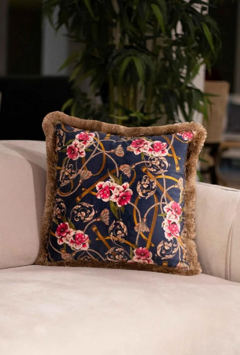 Casa Padrino almohada decorativa de lujo diseño flores barrocos azul / multicolor / marrón 45 x 45 cm - Almohada de terciopelo estampada con flecos - Accesorios Decorativos