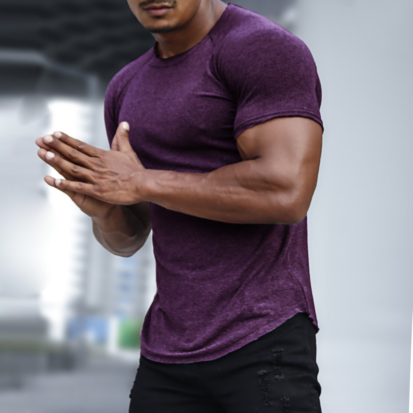 Men's Casual Slim Solid Color T-Shirt Fitness Running Sports Short Sleeve Tee