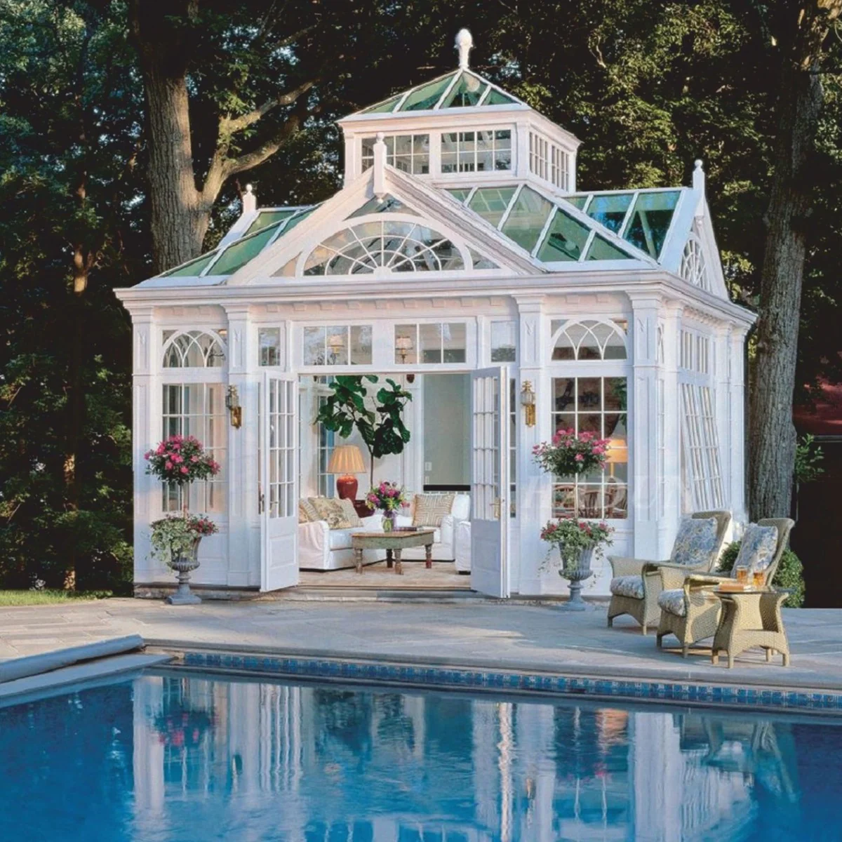 Casa Padrino casa de jardín de lujo blanco 472 x 396 x A. 548 cm - Pabellón de jardín de hierro forjado - Villa de jardín con ventanas - Noble & Magnífica