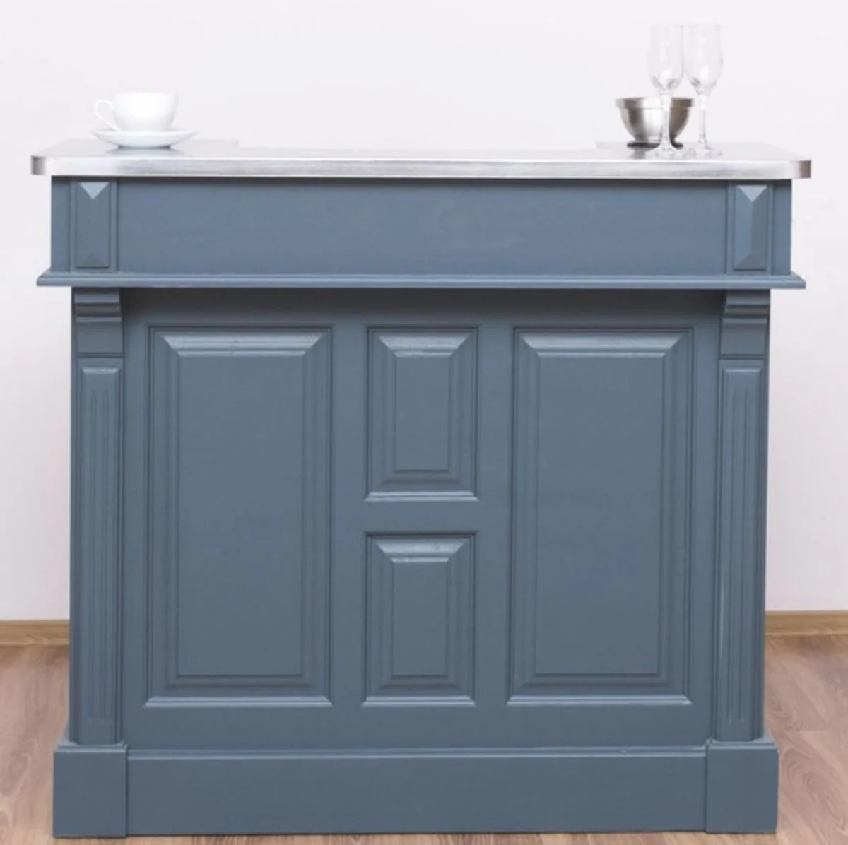 Casa Padrino barra de bar de estilo campestre azul / plata 120 x 65 x A. 107 cm - Barra de bar de madera maciza con sobre de mesa galvanizado - Muebles de bar en estilo campestre