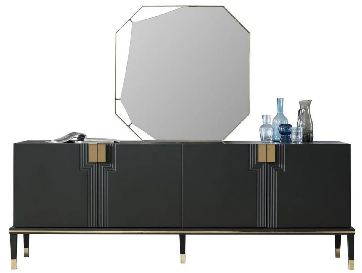 Casa Padrino conjunto de muebles de lujo negro / oro - 1 Aparador con 4 Puertas y 1 Espejo - Muebles modernos de madera maciza - Colección de Lujo