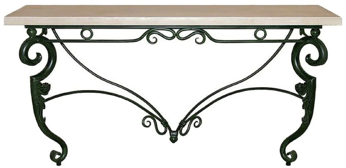 Casa Padrino consola Art Nouveau de lujo verde oscuro / crema 155 x 53 x A. 85 cm - Consola de hierro forjado hecha a mano con tablero de madera maciza - Muebles de Jardín de Patio de Sala de Estar