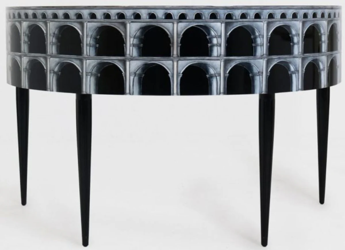 Casa Padrino escritorio Art Nouveau de lujo de caoba con 10 cajones negro / plata / gris / blanco 144 x 79 x A. 91 cm - Mesa de oficina semicircular - Muebles de oficina - Calidad de Lujo