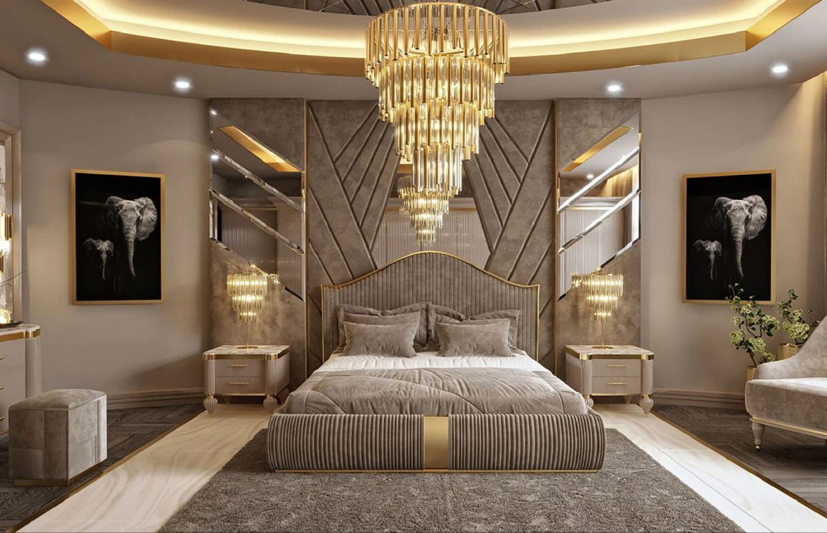 Casa Padrino cama doble Art Deco de lujo gris / oro - Cama noble de madera maciza con cabecera - Muebles de Dormitorio y Hotel Art Deco - Colección de Lujo