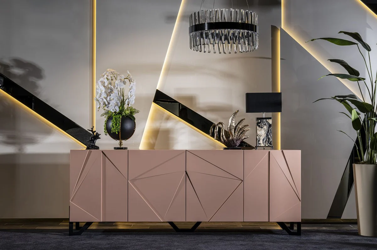 Casa Padrino aparador de dise?o de lujo rosa / negro 220 x 50 x A. 88 cm - Armario de madera maciza con 4 puertas - Muebles de comedor - Muebles de hotel - Muebles de dise?o - Muebles de lujo