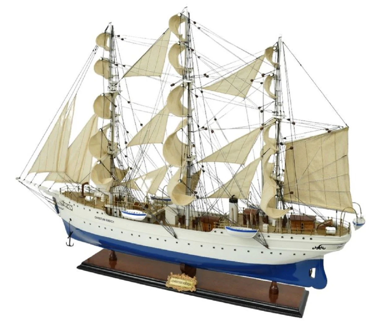 Casa Padrino velero de lujo Christian Radich blanco / azul 97 x 30 x A. 70 cm - Barco decorativo hecho a mano - Barco de madera - Modelo de barco - Accesorios decorativos de lujo