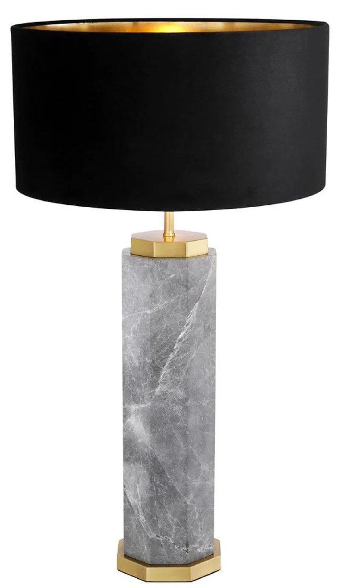 Casa Padrino lámpara de mesa de lujo gris / latón antiguo / negro Ø 40 x A. 75 cm - Lámpara de escritorio de mármol con pantalla de terciopelo - Lámparas mesa de lujo - Lámparas escritorio de lujo
