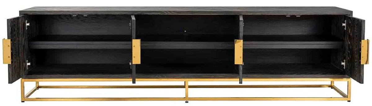 Casa Padrino gabinete de TV de lujo negro / oro 220 x 42,5 x A. 60 cm - Aparador de madera maciza con 4 puertas - Muebles de salón - Muebles de hotel - Colección de Lujo