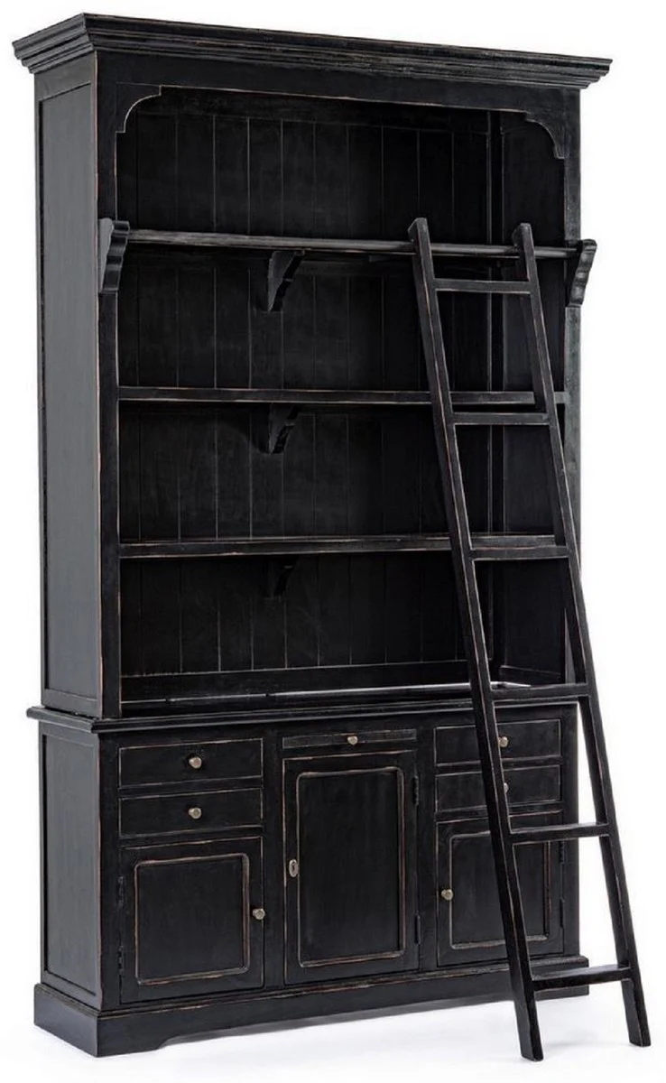 Casa Padrino armario de estilo campestre con escalera negro antiguo 143,5 x 40,6 x A. 233,7 cm - Armario de libros - Armario de Sala de Estar - Armario de Oficina - Muebles de Estilo Campestre