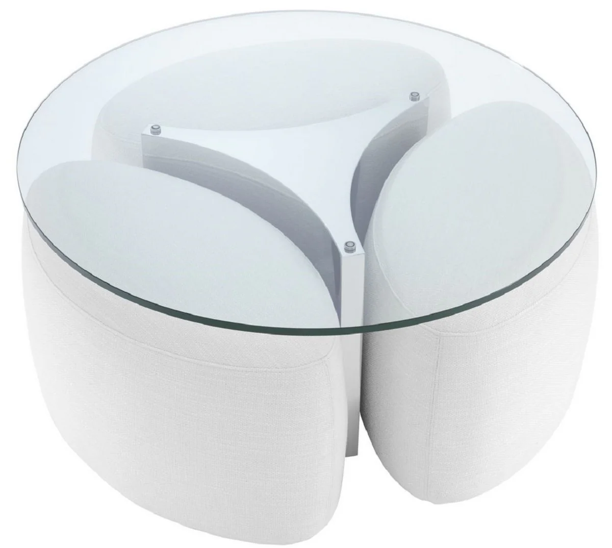 Casa Padrino mesa de centro de lujo blanco / plata ? 104 x A. 46,5 cm - Mesa de sal¨®n redonda de acero inoxidable con tapa de vidrio y 3 taburetes elegantes - Muebles de sala - Muebles de lujo