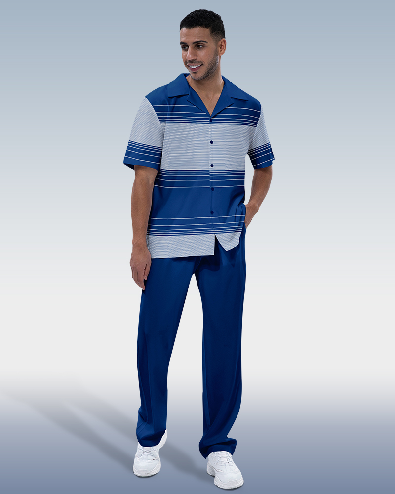 Suitmens Men's Navy Blue Line Short Sleeve Walking Suit