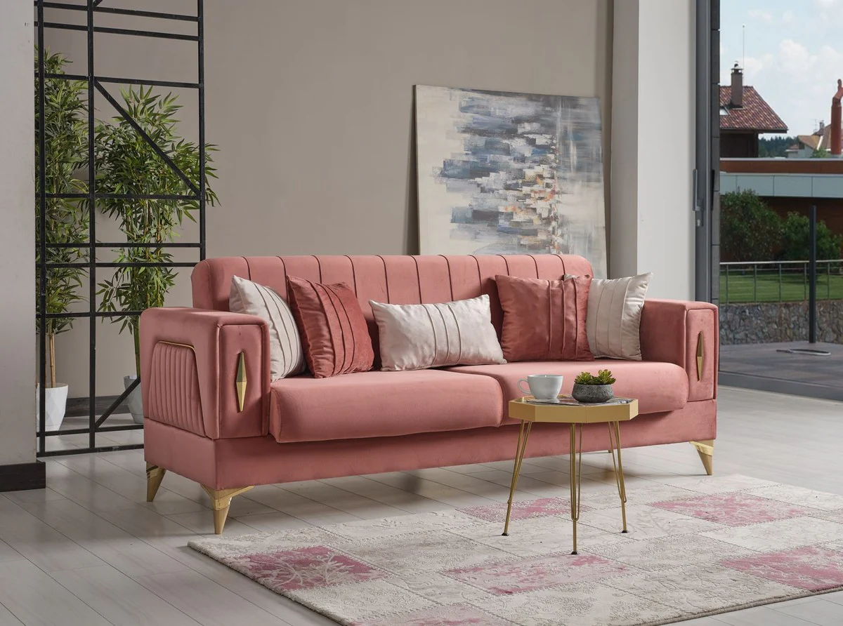 Casa Padrino sof¨¢ cama de lujo rosa / oro 222 x 93 x A. 87 cm - Sof¨¢ de sal¨®n con 5 almohadas - Muebles de sal¨®n de lujo