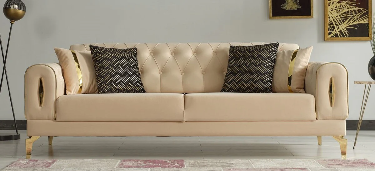 Casa Padrino sof¨¢ cama de lujo beige / oro 225 x 95 x A. 83 cm - Sof¨¢ de sal¨®n con 4 almohadas - Muebles de sal¨®n de lujo