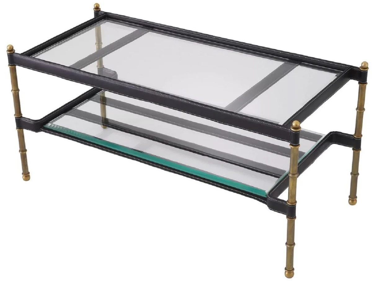 Casa Padrino mesa de centro de lujo lat¨®n vintage / negro 95 x 42 x A. 46 cm - Mesa de sal¨®n moderna con placas de vidrio y cuero genuino - Muebles de Sal¨®n - Muebles de Lujo