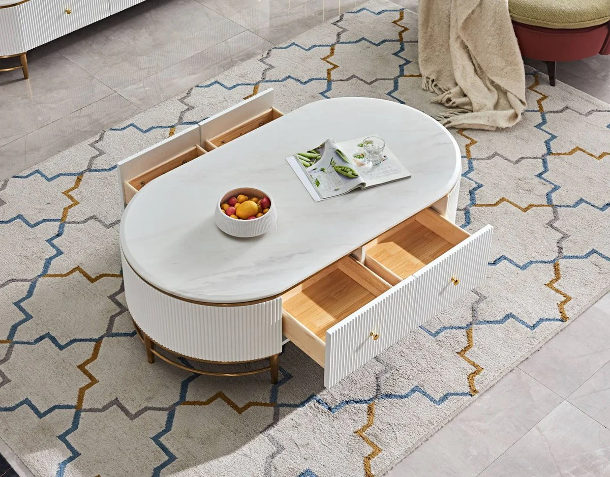 Casa Padrino mesa de centro de lujo blanco / lat¨®n / oro 130 x 70 x A. 42 cm - Mesa de sal¨®n moderna con 4 cajones - Muebles de sal¨®n modernos