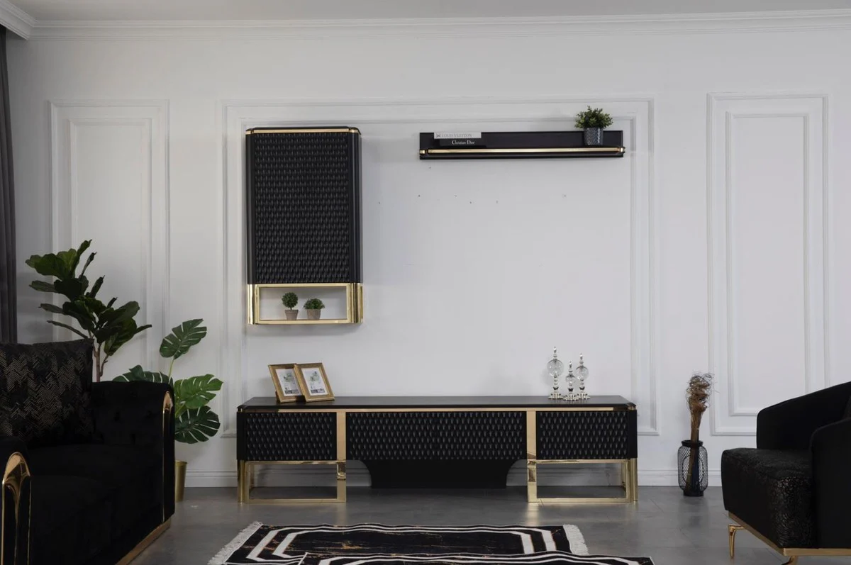 Casa Padrino conjunto de gabinete de TV de lujo negro / oro 220 x 50 x A. 53 cm - 1 Gabinete de TV y 1 Gabinete de Pared y 1 Estante de Pared - Muebles de sala de estar de lujo