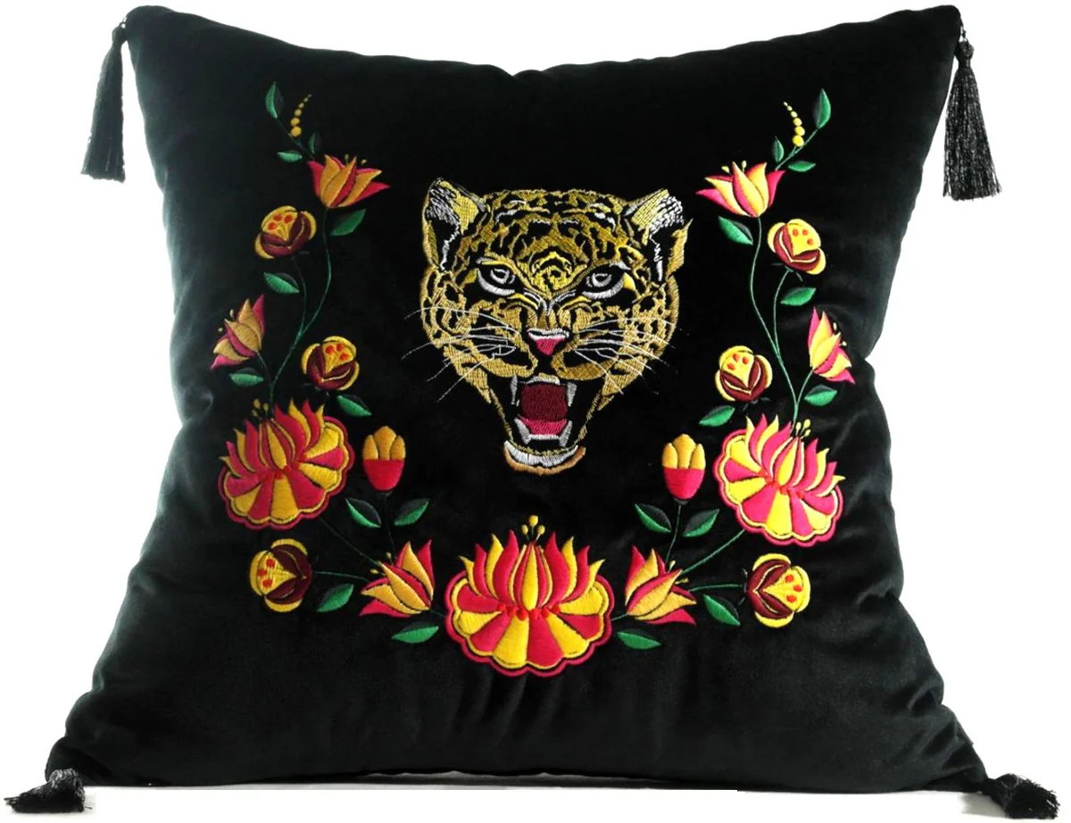 Casa Padrino almohada de lujo con borlas tigre negro / multicolor 45 x 45 cm - Tejido de Terciopelo Más Fino - Calidad de Lujo