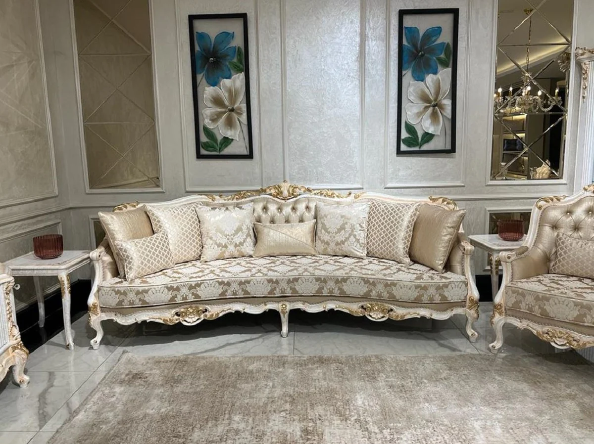 Casa Padrino sof¨¢ barroco de lujo oro / blanco / oro - Sof¨¢ de sal¨®n hecho a mano con patr¨®n elegante y cojines decorativos - Muebles de sal¨®n en estilo barroco