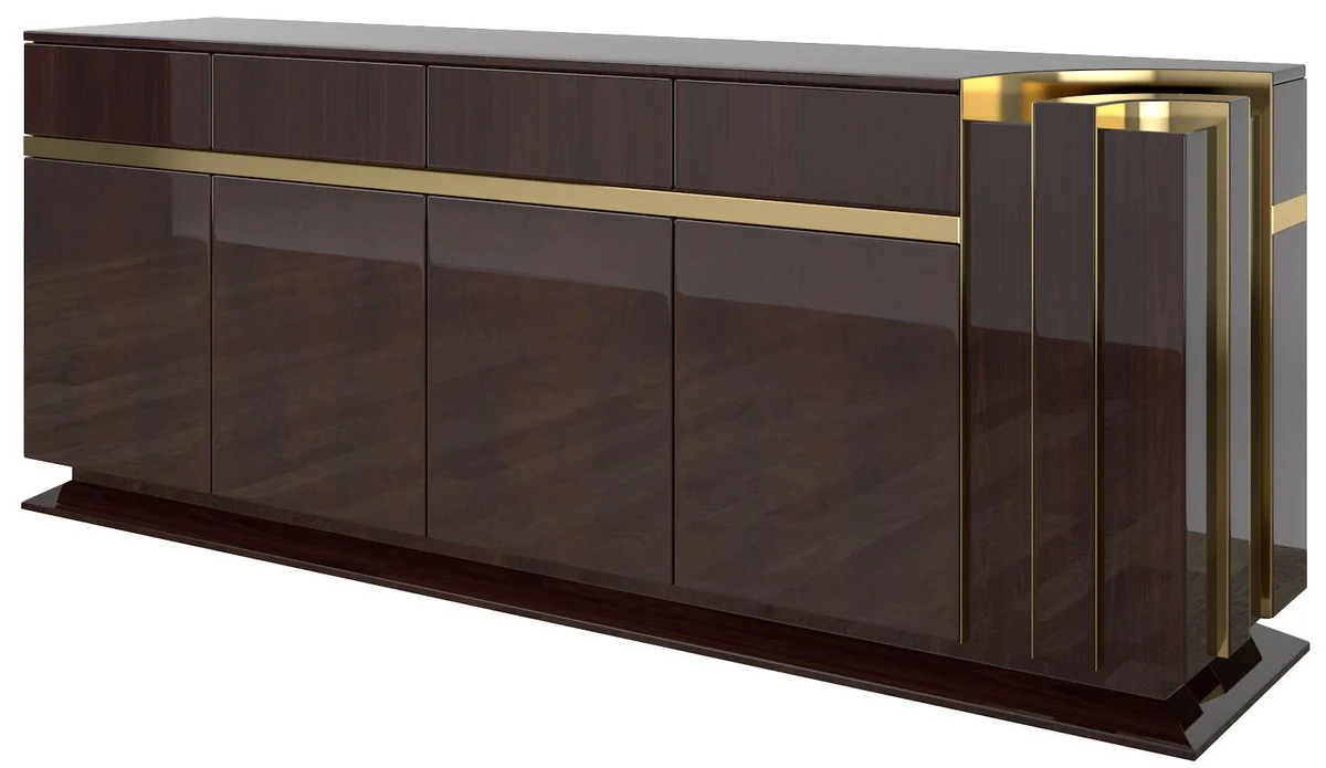 Casa Padrino aparador de diseño marrón oscuro brillante / oro 220 x 50 x A. 85 cm - Gabinete noble con 4 puertas y 4 cajones - Muebles de salón de lujo