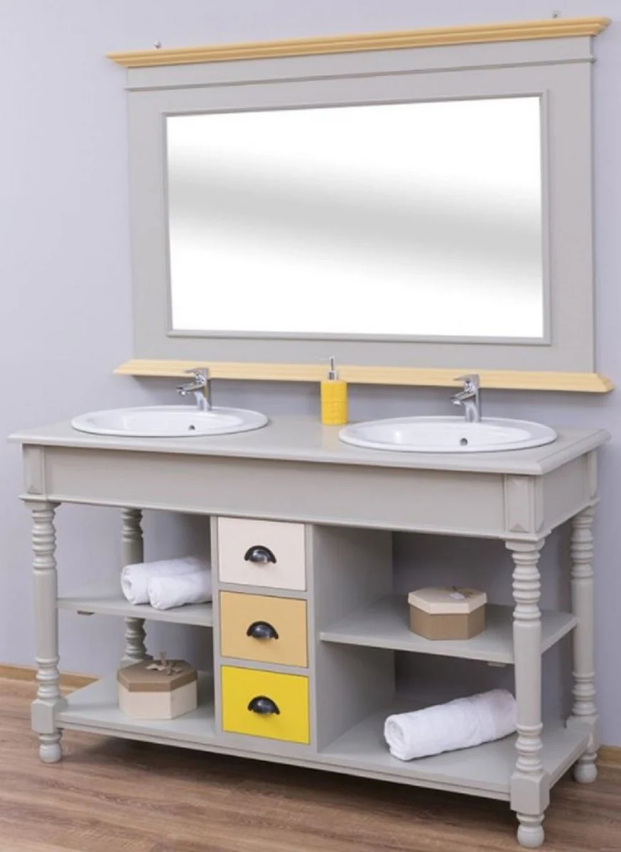 Casa Padrino Conjunto de Baño de Estilo Campestre Gris / Natural / Multicolor - 1 Gabinete del Fregadero Doble y 1 Espejo de Pared - Muebles de Baño de Madera Maciza en Estilo Campestre