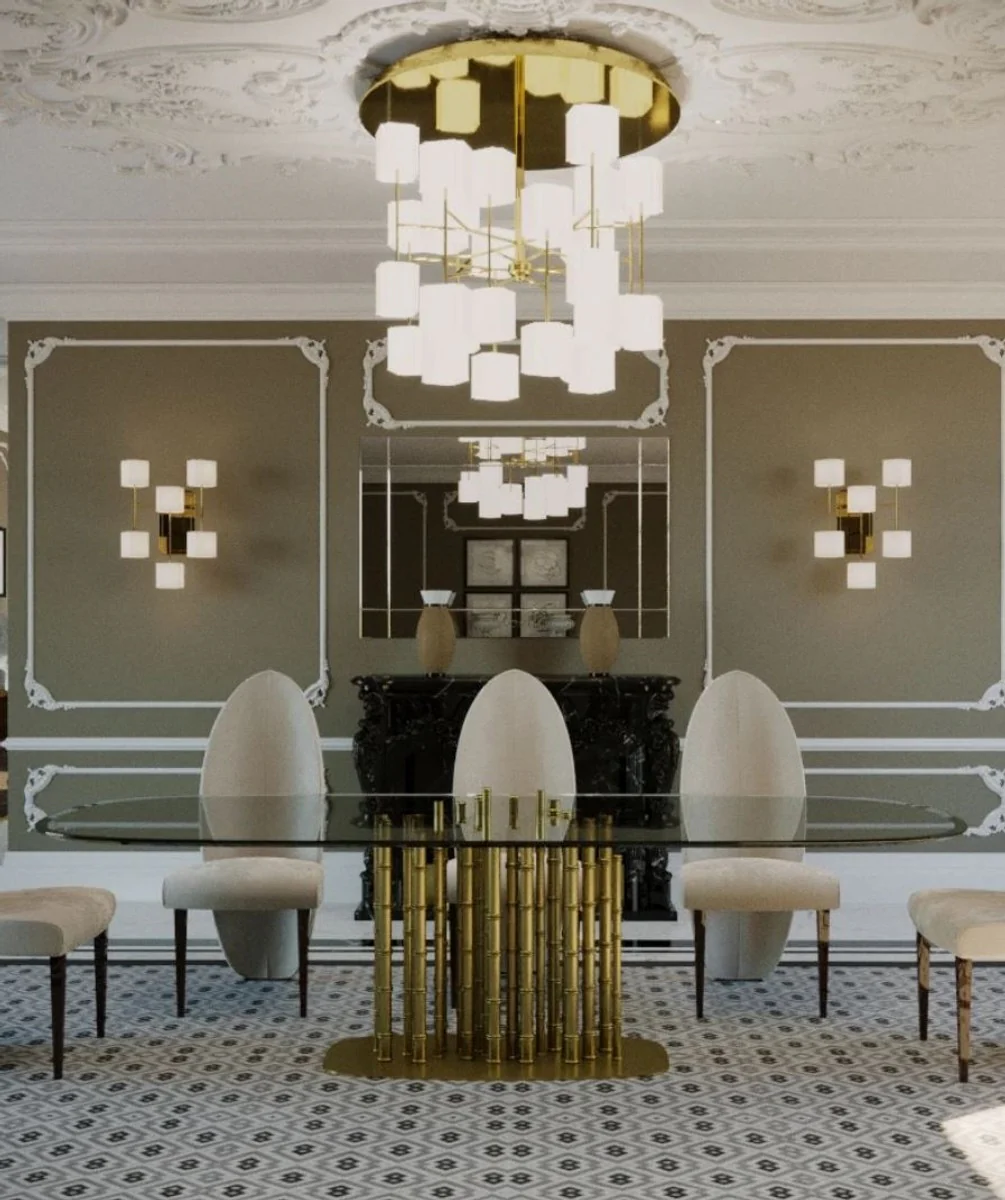 Casa Padrino mesa de comedor de dise?o de lujo de bamb¨² oro 200 x 110 x A. 78 cm - Mesa de comedor hecha a mano con tapa de vidrio ovalada - Muebles de Comedor - Muebles de Hotel - Calidad de Lujo