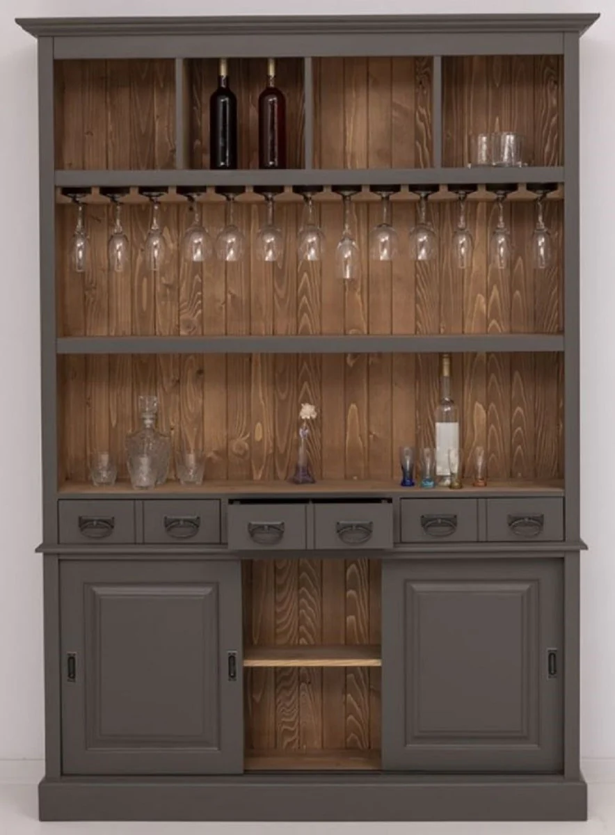 Casa Padrino armario de bar de madera maciza de estilo campestre gris oscuro / marr¨®n 151 x 36 x A. 210 cm - Gabinete de vino de madera maciza estilo campestre - Mueble bar de estilo campestre