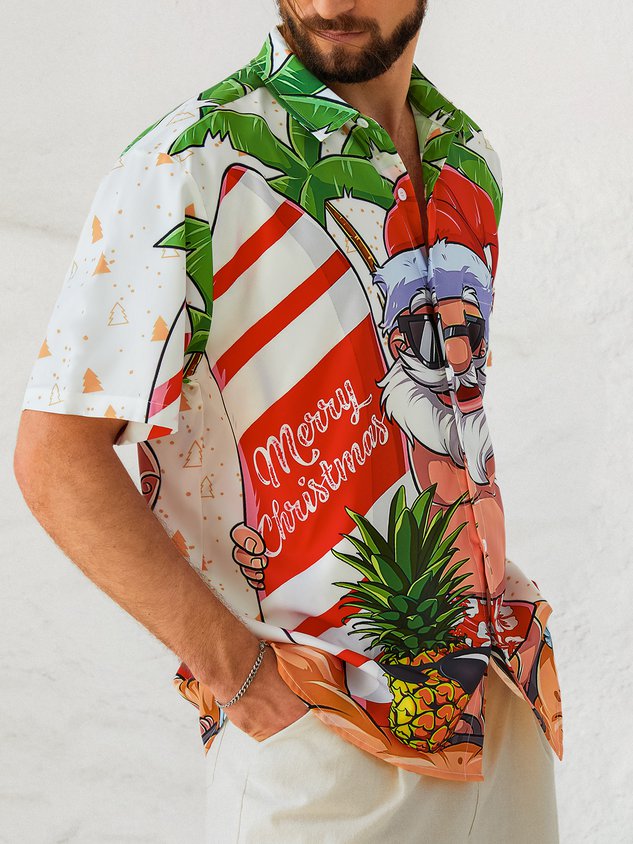 Mens Christmas Santa Surfing Print Front Buttons Soft Breathable Chest Pocket Casual Hawaiian Shirt