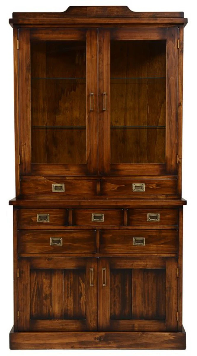 Casa Padrino vitrina de estilo vintage de lujo marrón / latón 102,5 x 46 x A. 198 cm - Vitrina de madera maciza con 4 puertas y 7 cajones - Muebles de estilo vintage - Muebles de lujo