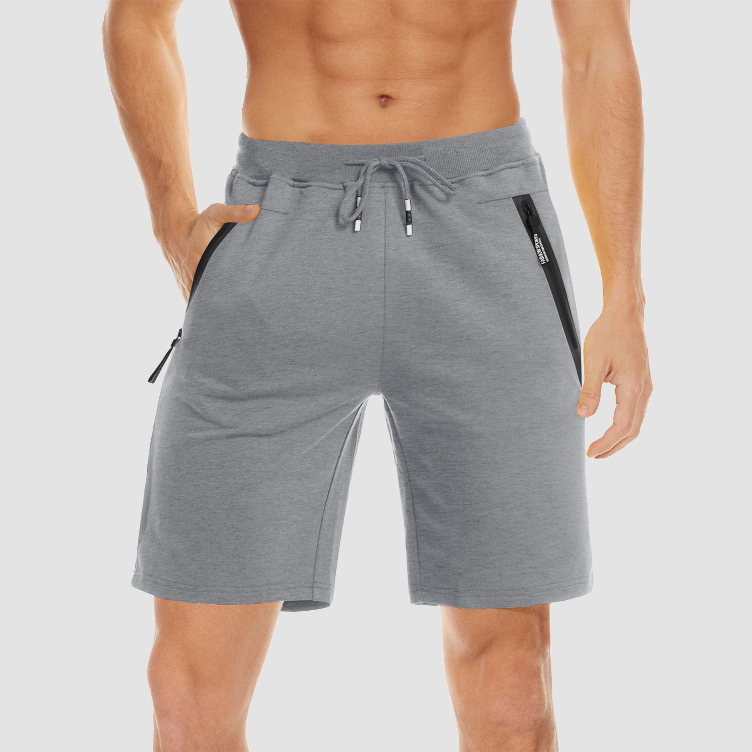 Men Cotton Running Elastic Waist Zipper Pockets Drawstring Gym Trainging Fitness Sports Joggers Shorts