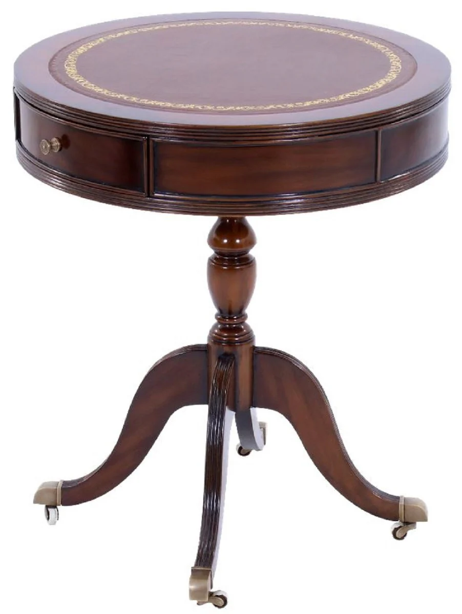 Casa Padrino mesa auxiliar barroco de lujo marr¨®n oscuro / lat¨®n / marr¨®n / oro ? 51 x A. 59 cm - Mesa redonda de caoba con cajones y cuero genuina fino - Muebles barrocos de caoba