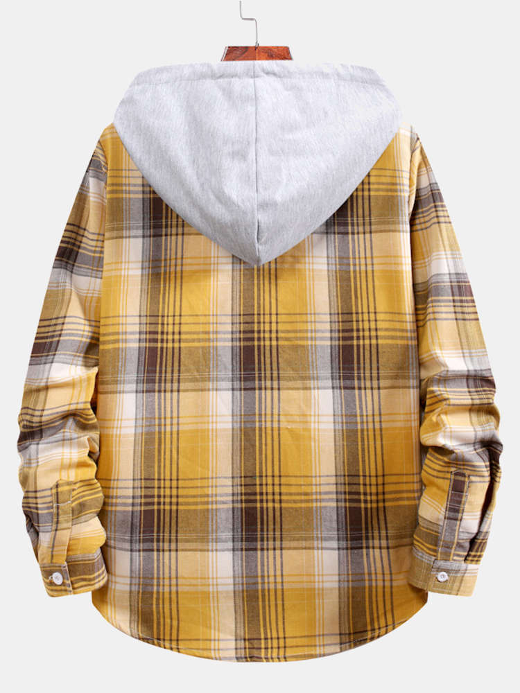 Curved Hem Contrast Hooded Plaid Shirts