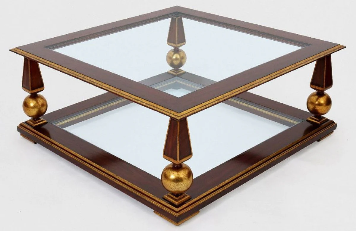 Casa Padrino mesa de centro barroco de lujo marron oscuro / oro antiguo 113 x 113 x A. 47 cm - Magn¨ªfica mesa de sal¨®n de madera maciza con platos de vidrio - Muebles de sal¨®n barrocos