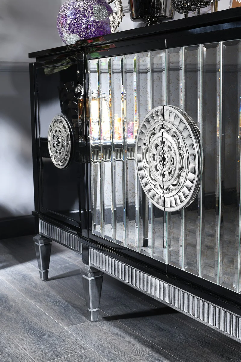 Casa Padrino conjunto de sala de estar barroco de lujo negro / plata - Aparador y 3 Espejos - Muebles Barrocos