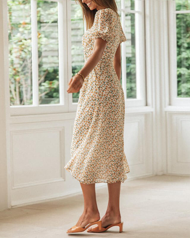 Women's Puff Sleeve Printed Slit Dress