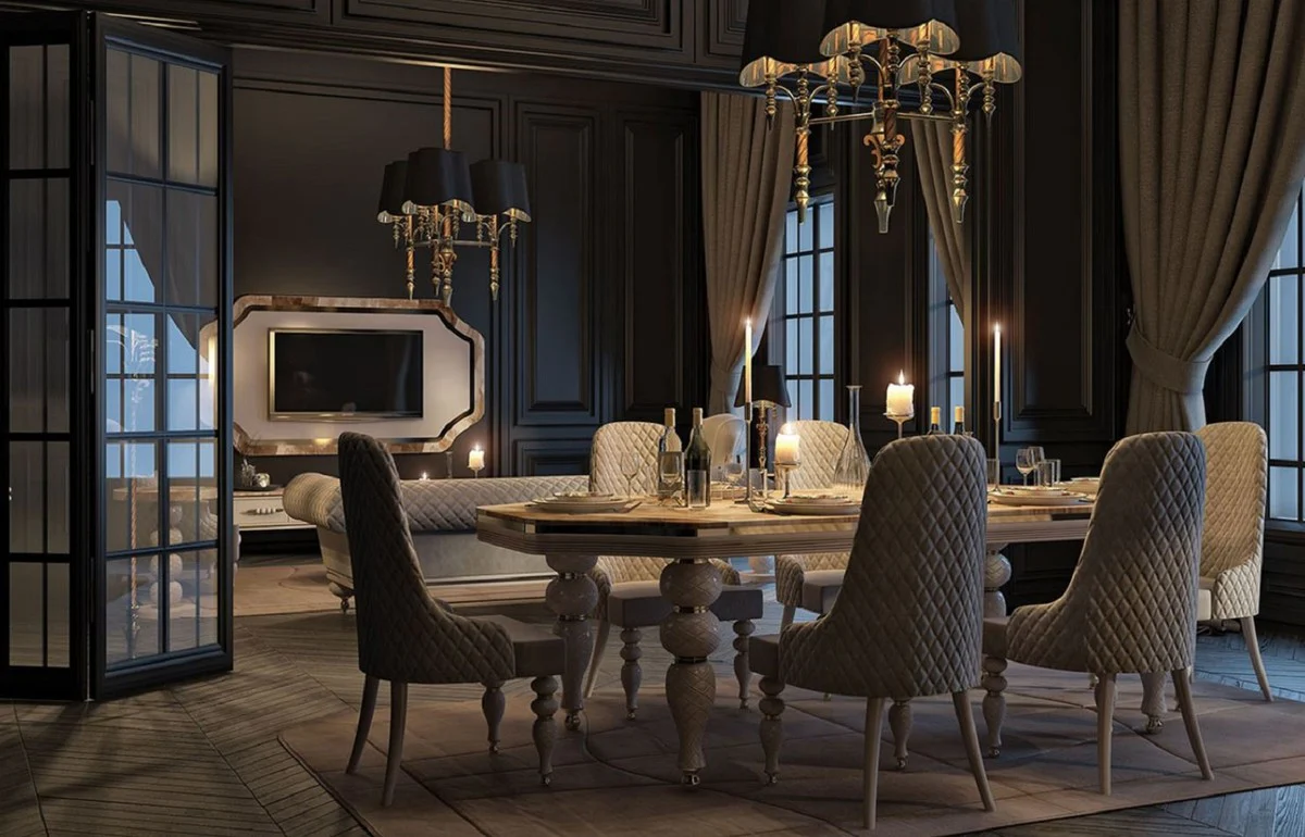 Casa Padrino conjunto de comedor Art Deco de lujo gris / blanco / oro - 1 Mesa de Comedor Art Deco con Tapa M¨¢rmol Artificial y 6 Sillas de Comedor Art Deco - Muebles de Comedor Art Deco